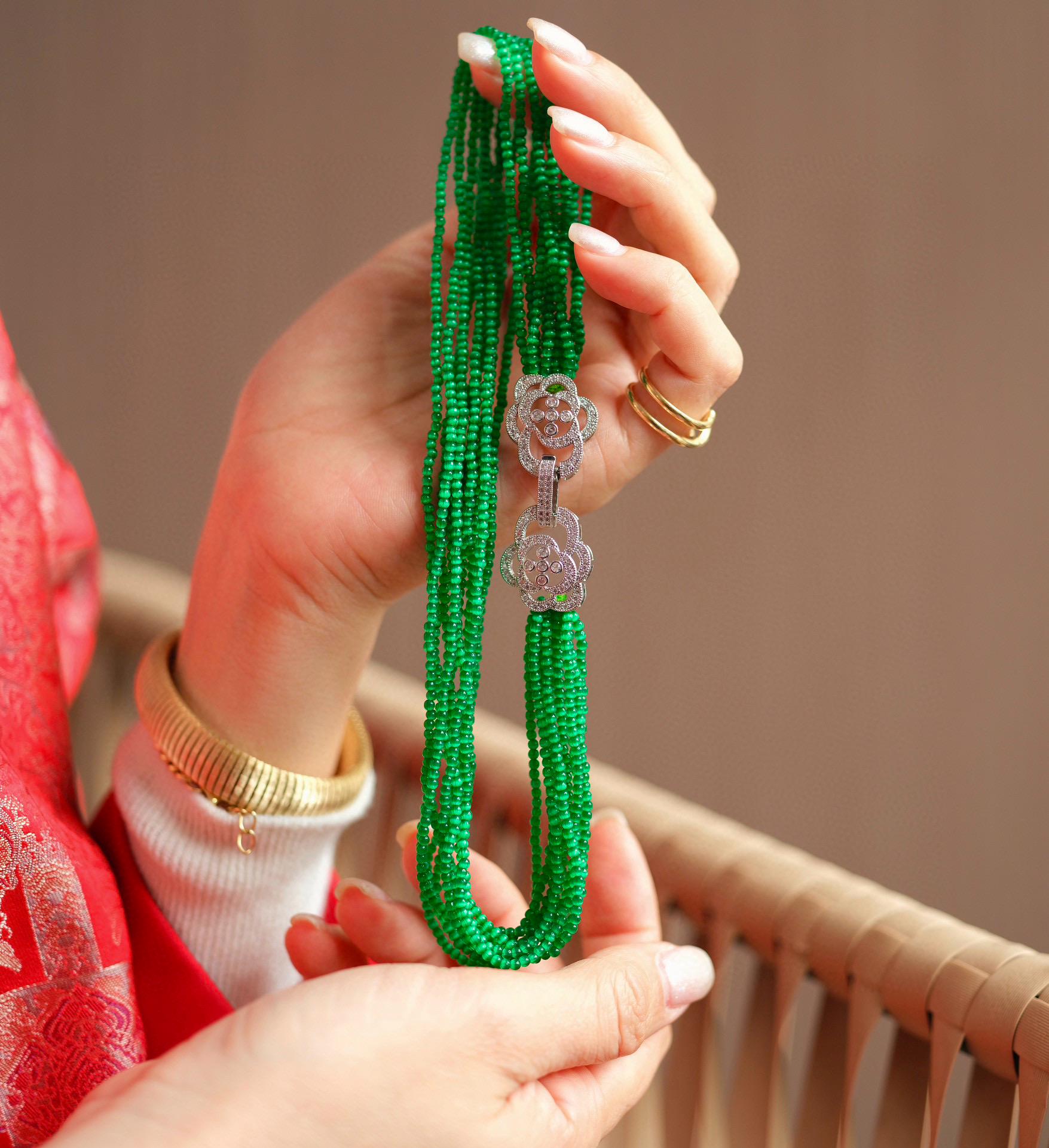 Vintage Chunky Cat's Eye Bead Necklace | 2mm Red or Green Gemstone