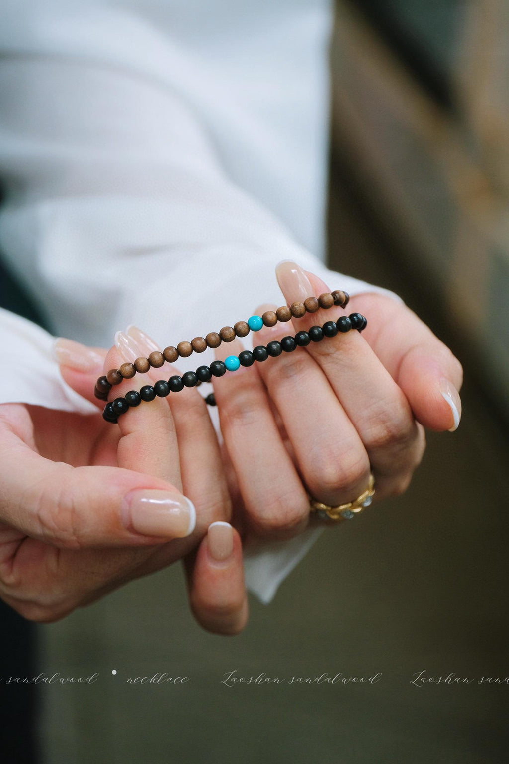 Indian Red Sandalwood Bracelet | 4mm Turquoise Accent (Light/Dark)