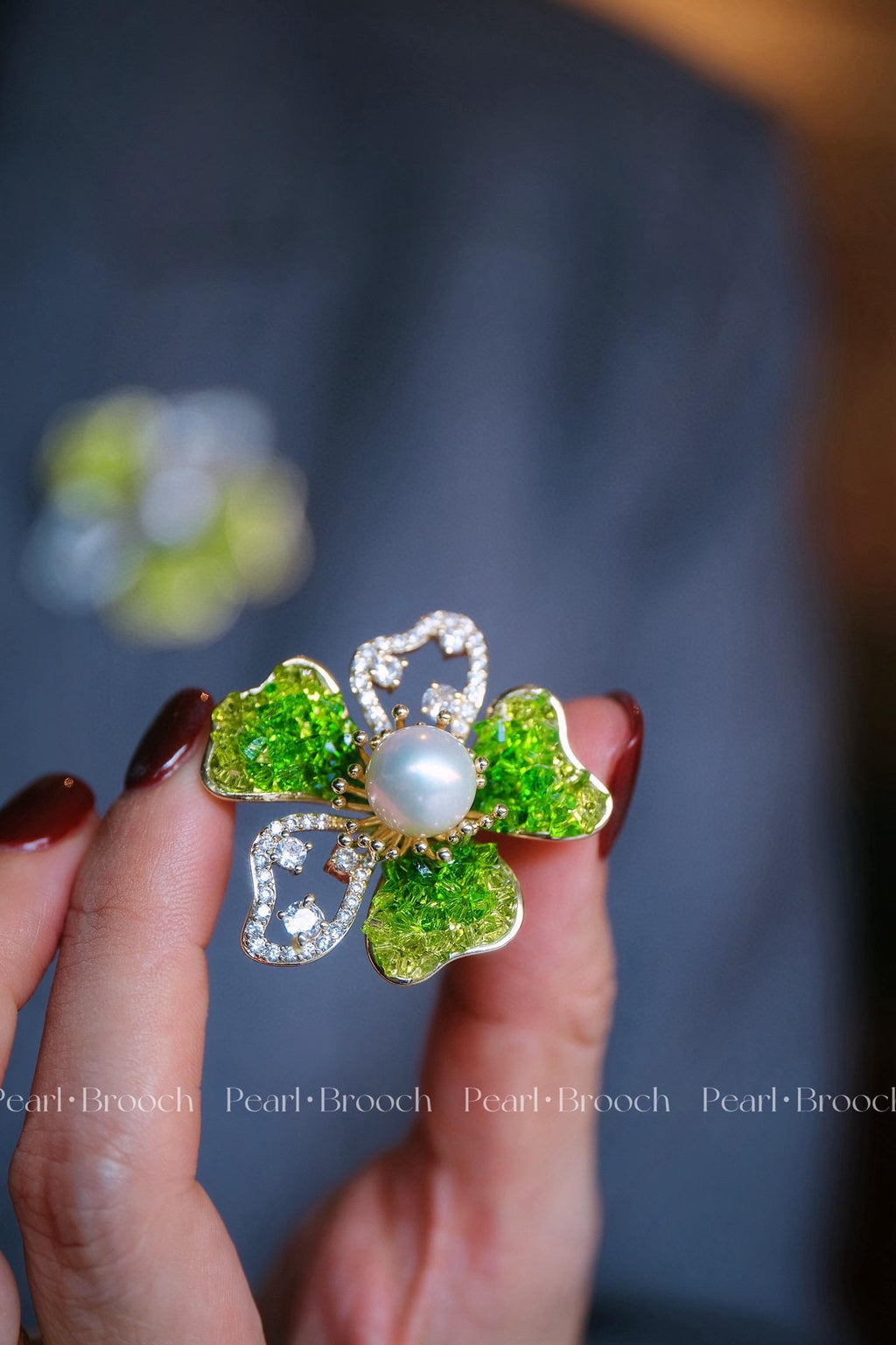 Spring in Winter Floral Brooch | Gradient Green Crystal & 10-11mm Natural Edison Pearl