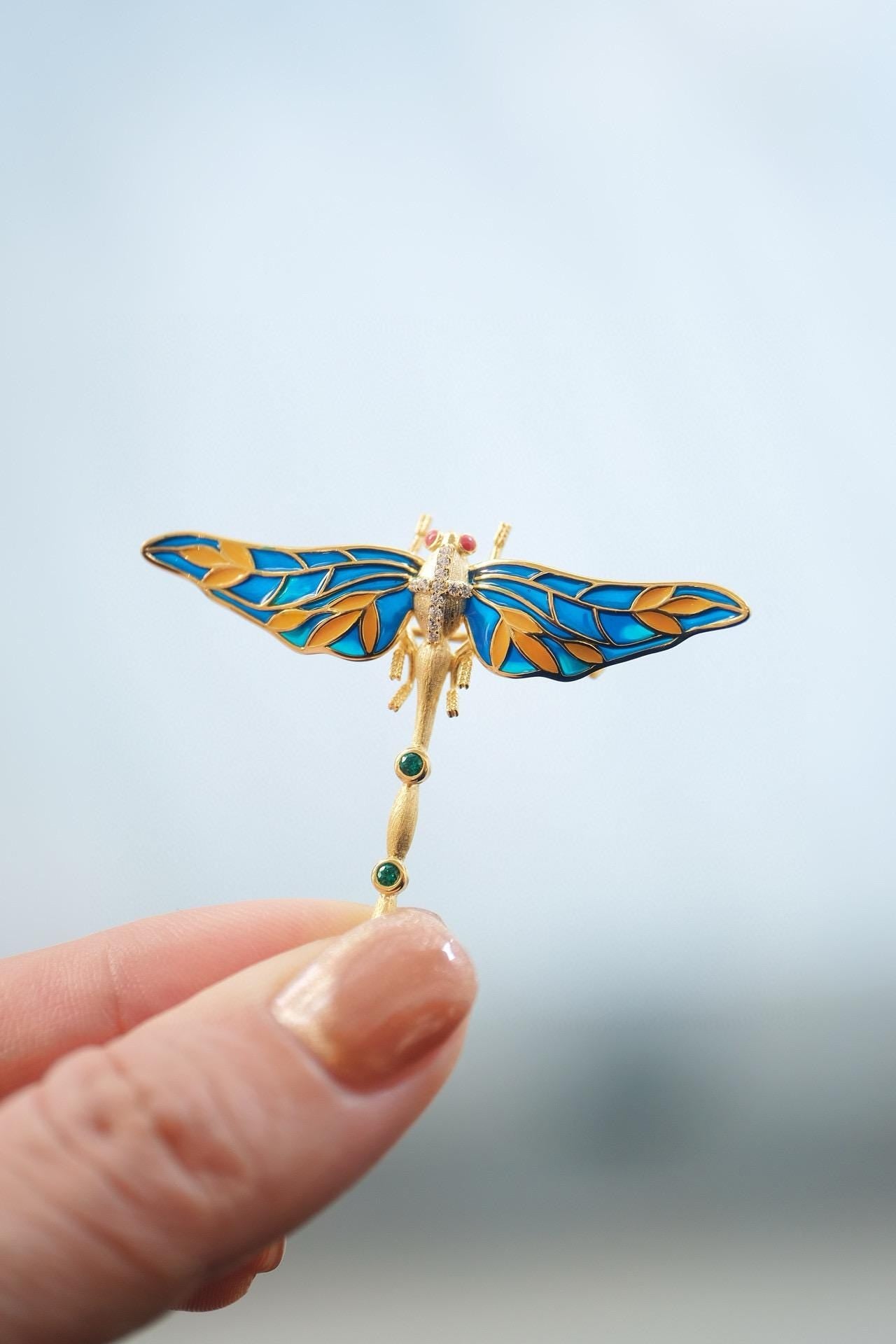 Enamel Dragonfly Brooch | Sterling Silver Gold-Plated, Vibrant Enamel Art