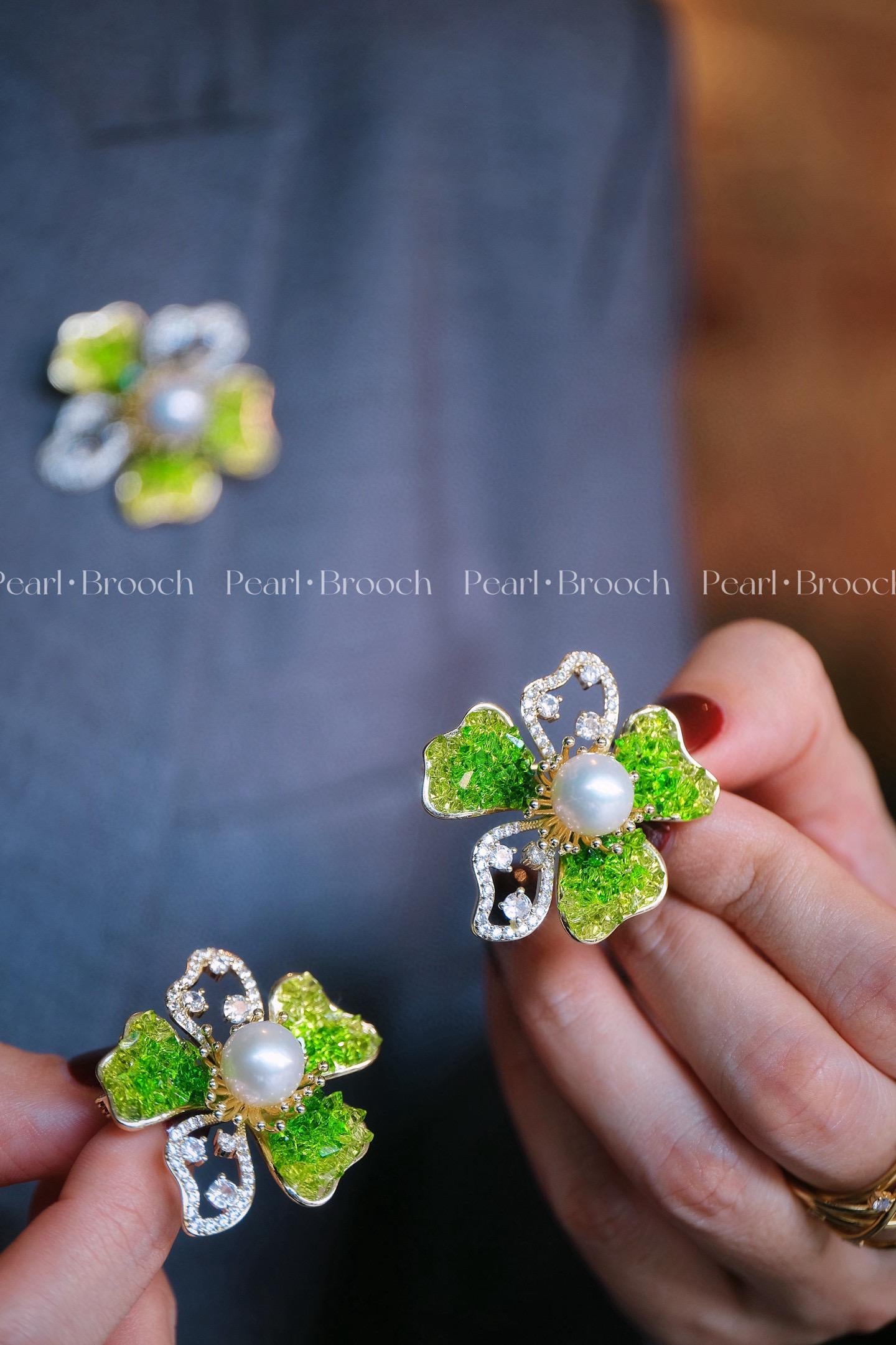 Spring in Winter Floral Brooch | Gradient Green Crystal & 10-11mm Natural Edison Pearl
