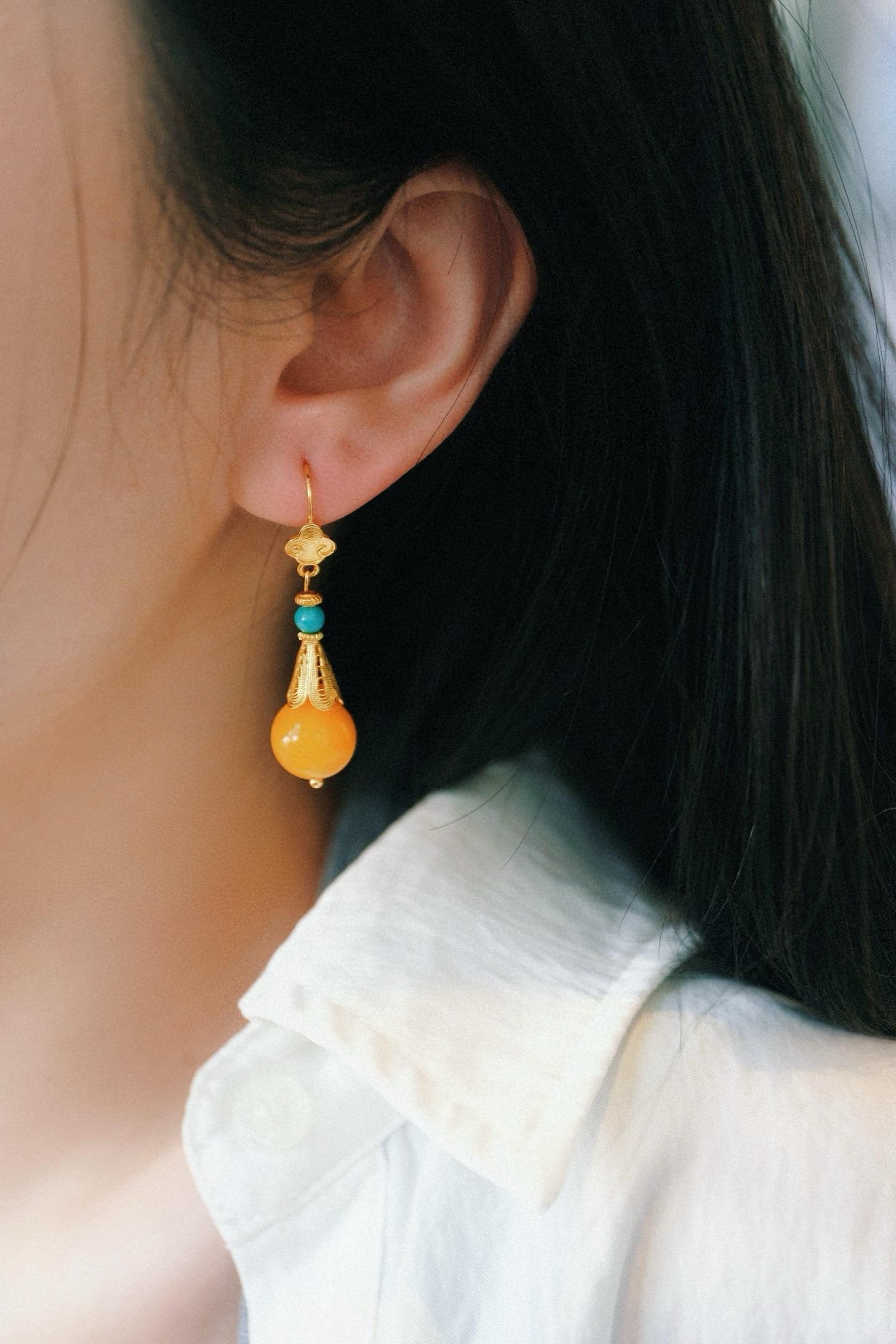 Amber & Turquoise Earrings | 11mm Natural Amber