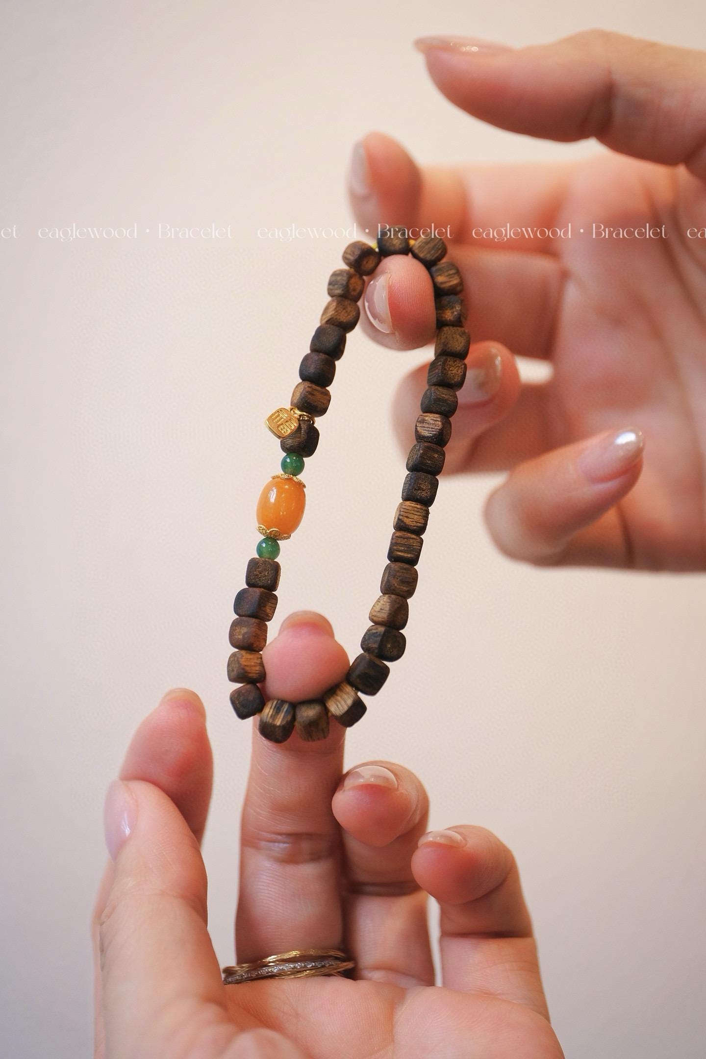 Elegant Agarwood Bracelet | Natural Hainan Agarwood & Beeswax Jade Accent