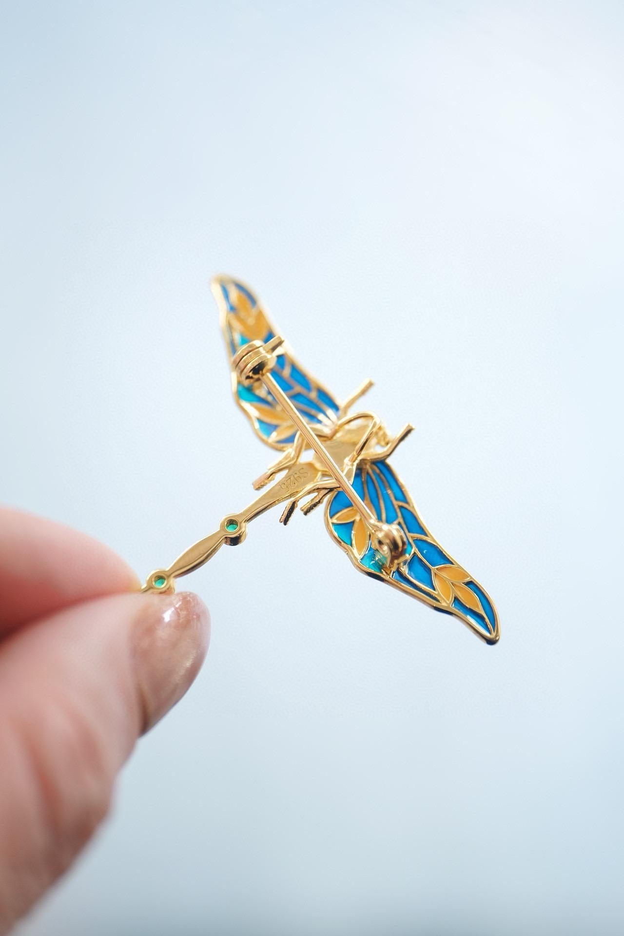 Enamel Dragonfly Brooch | Sterling Silver Gold-Plated, Vibrant Enamel Art