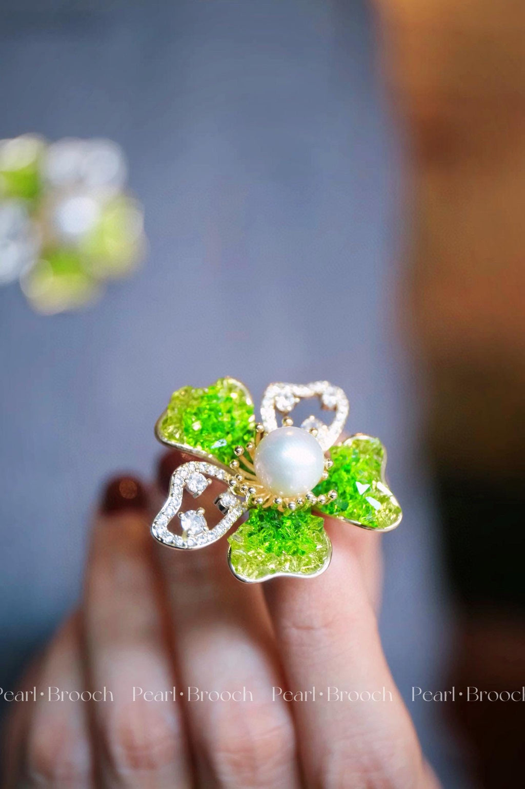 Spring in Winter Floral Brooch | Gradient Green Crystal & 10-11mm Natural Edison Pearl