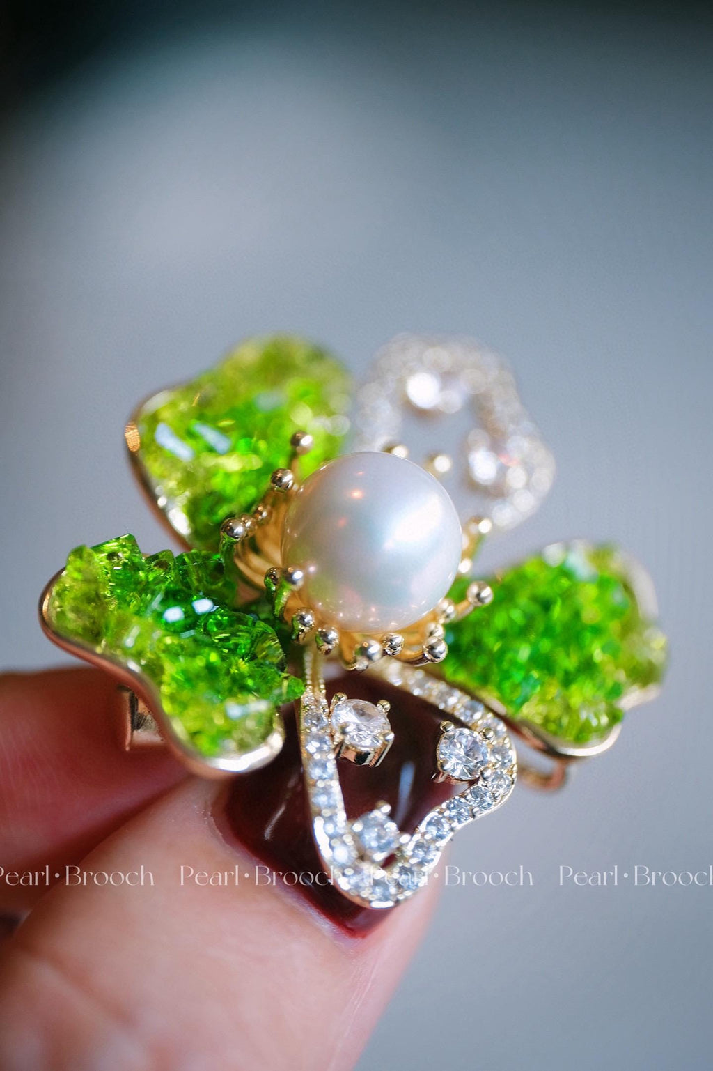 Spring in Winter Floral Brooch | Gradient Green Crystal & 10-11mm Natural Edison Pearl