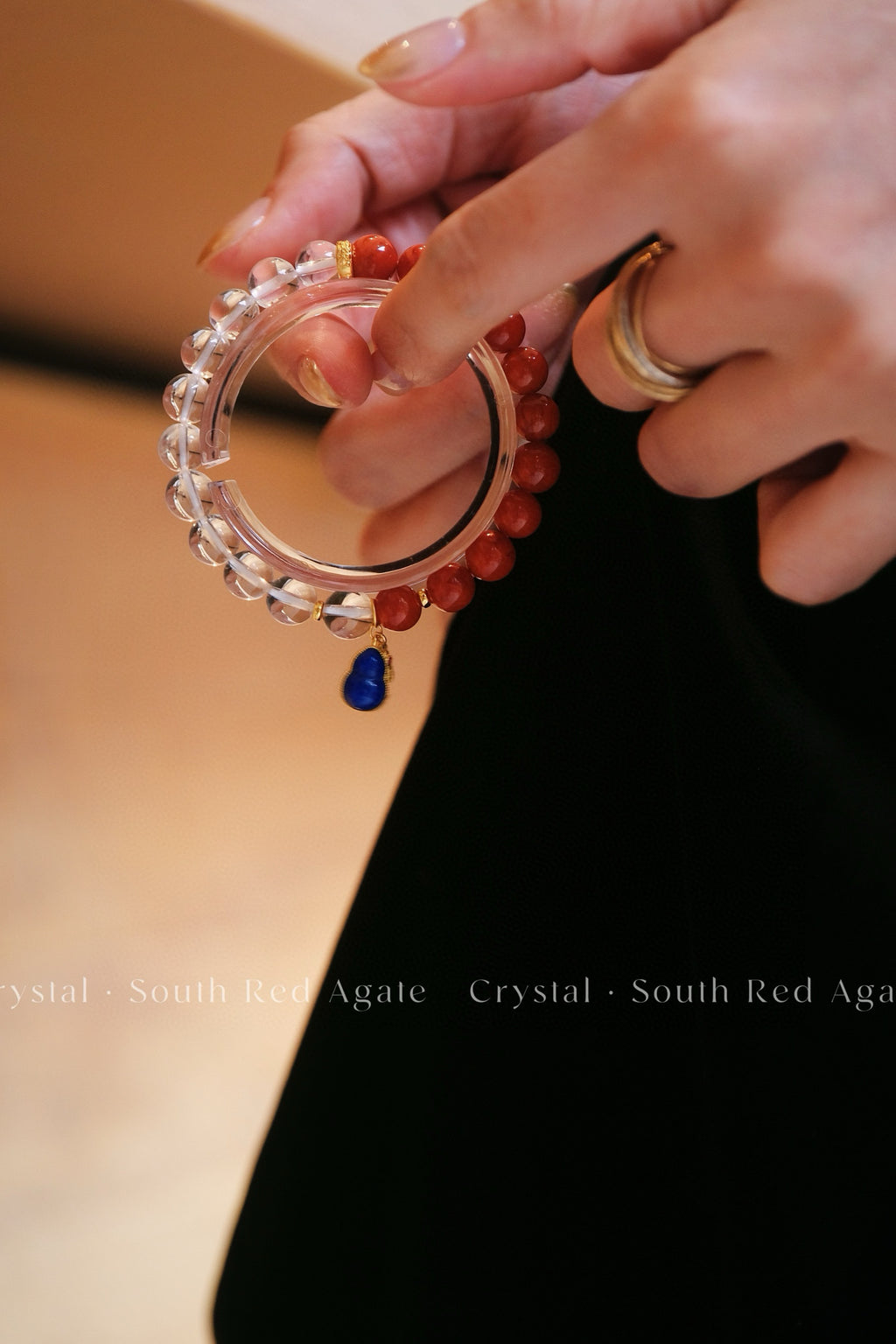 Clear Quartz & Red Agate Bracelet | Silver Lapis Lazuli Peanut Charm