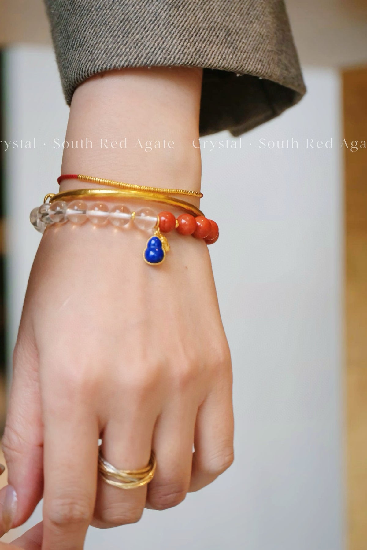 Clear Quartz & Red Agate Bracelet | Silver Lapis Lazuli Peanut Charm