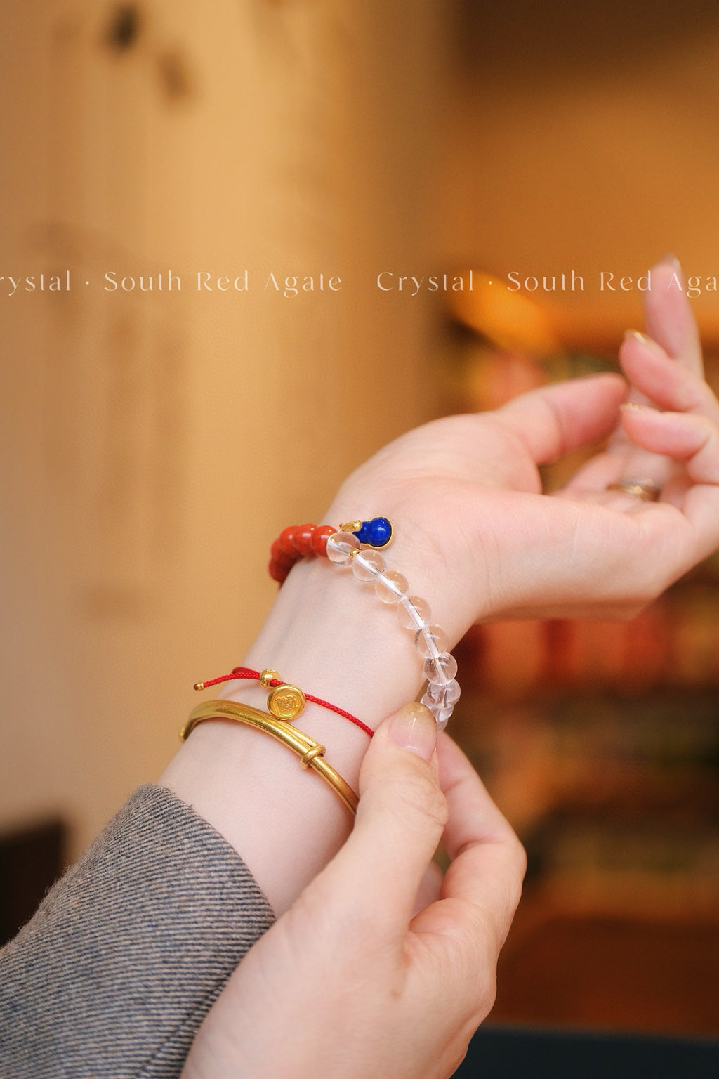 Clear Quartz & Red Agate Bracelet | Silver Lapis Lazuli Peanut Charm