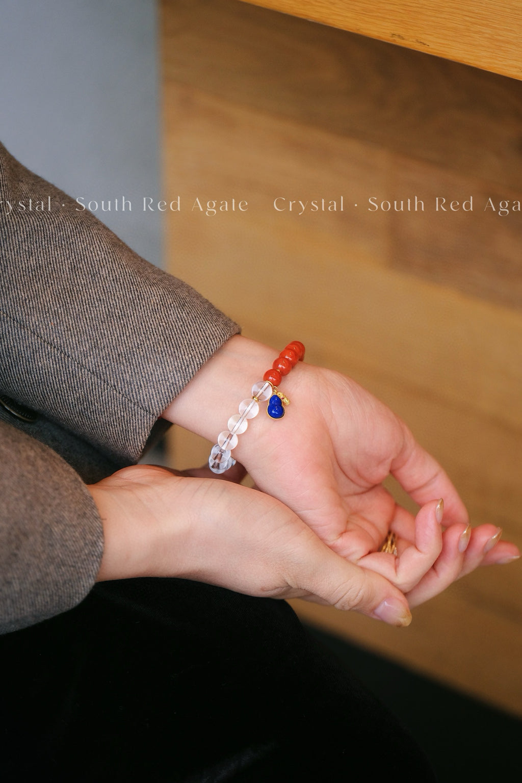 Clear Quartz & Red Agate Bracelet | Silver Lapis Lazuli Peanut Charm