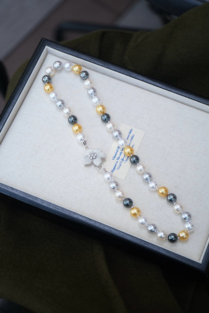 Maillard Color Pearl Necklace | 10mm Mixed Pearl S925 Silver Diamond Flower Clasp