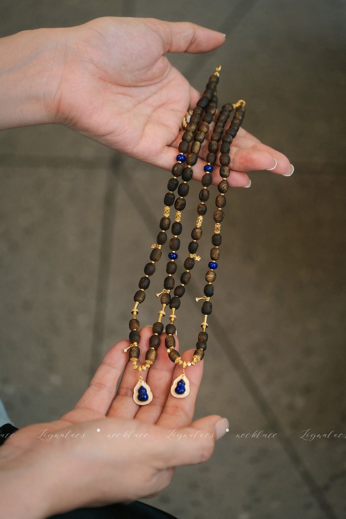 Autumn Story Agarwood Necklace | 5-6mm Green Kynam Scarwood Lapis Lazuli S925 Gold-Plated