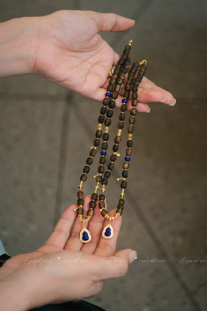 Autumn Story Agarwood Necklace | 5-6mm Green Kynam Scarwood Lapis Lazuli S925 Gold-Plated