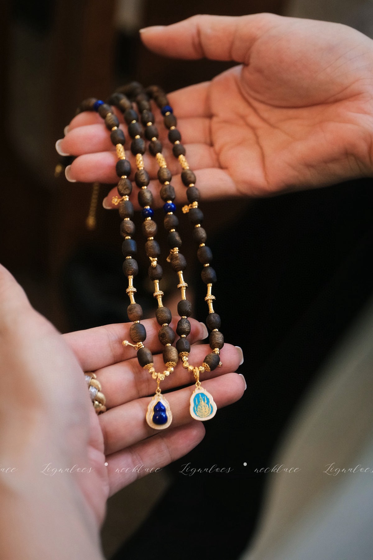 Autumn Story Agarwood Necklace | 5-6mm Green Kynam Scarwood Lapis Lazuli S925 Gold-Plated