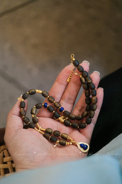 Autumn Story Agarwood Necklace | 5-6mm Green Kynam Scarwood Lapis Lazuli S925 Gold-Plated