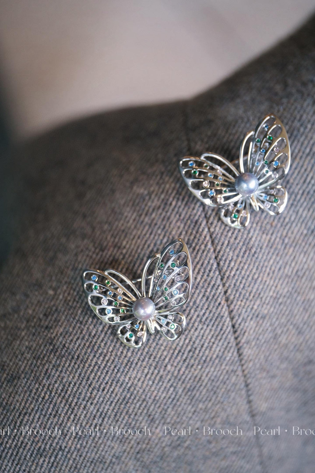 Vintage Inspired Butterfly Brooch - Japanese Akoya Ginjo Silver Gray Pearl