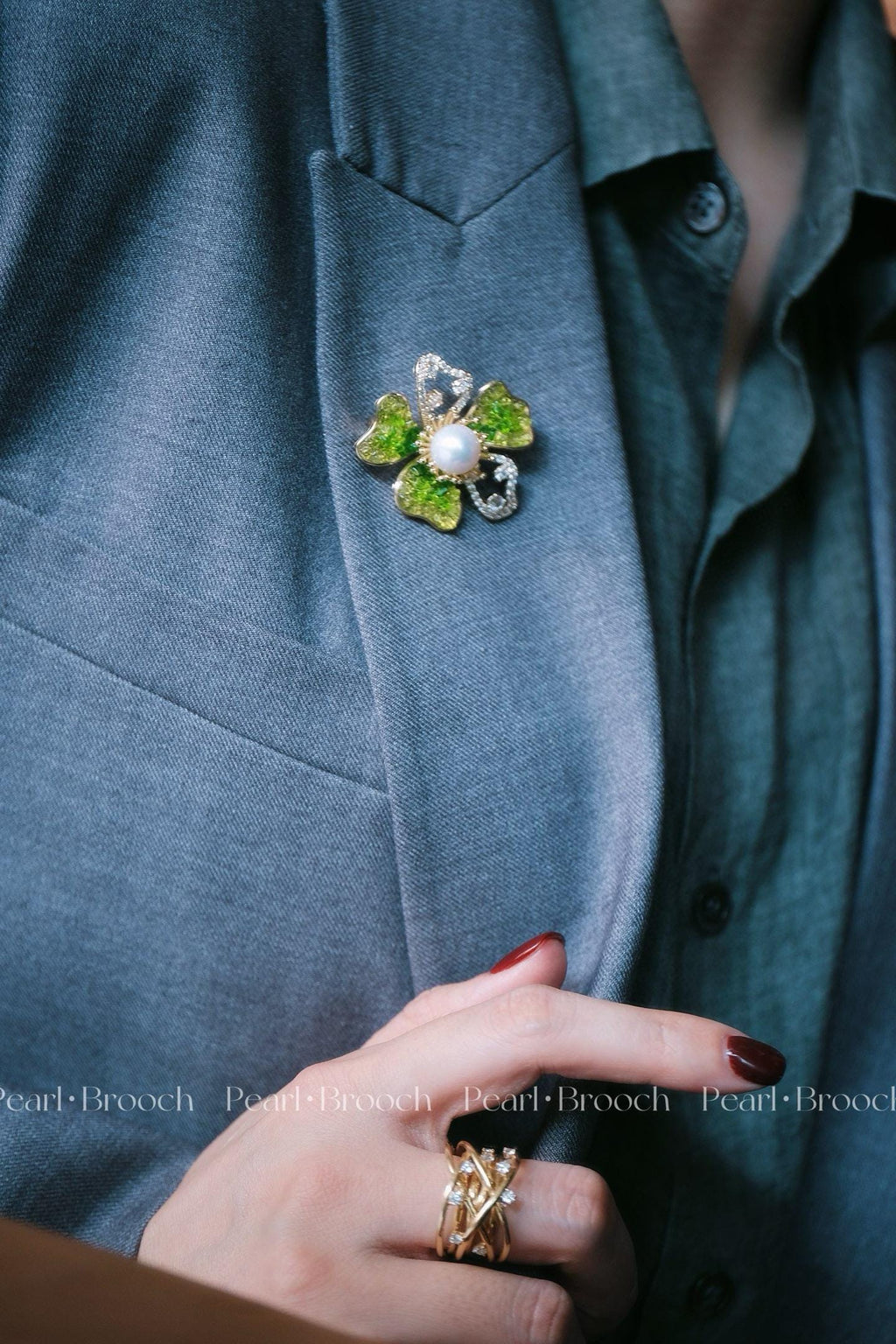 Spring in Winter Floral Brooch | Gradient Green Crystal & 10-11mm Natural Edison Pearl