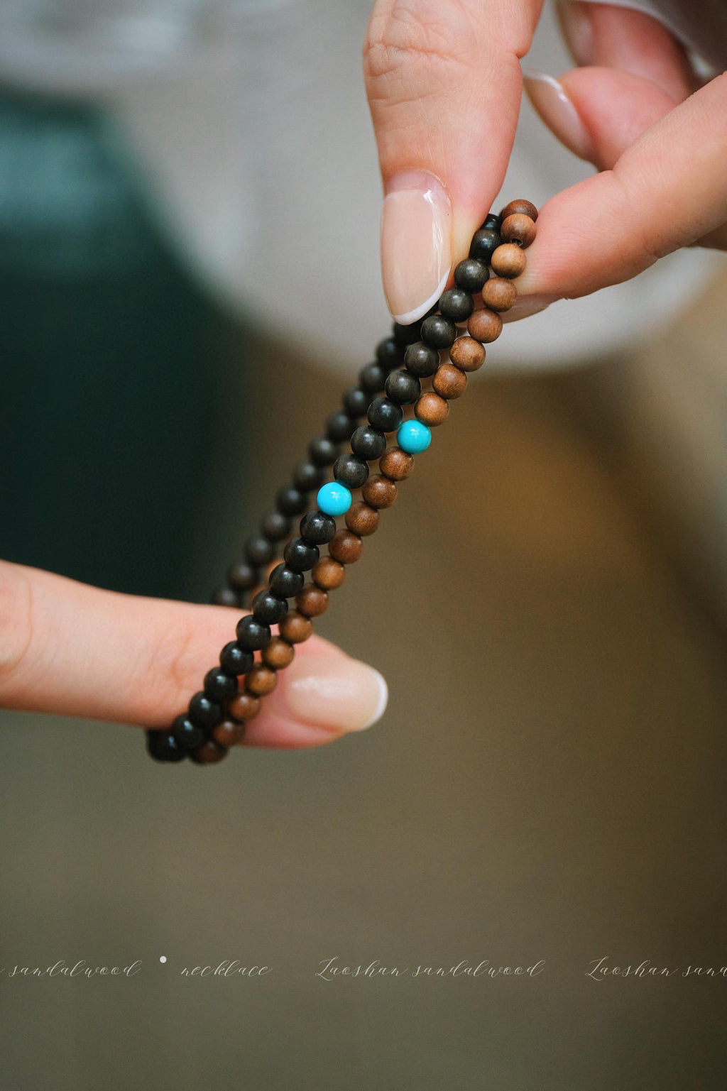 Indian Red Sandalwood Bracelet | 4mm Turquoise Accent (Light/Dark)