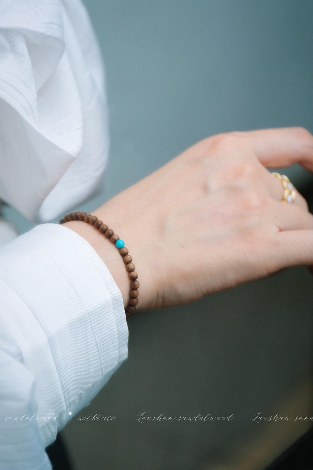 Indian Red Sandalwood Bracelet | 4mm Turquoise Accent (Light/Dark)