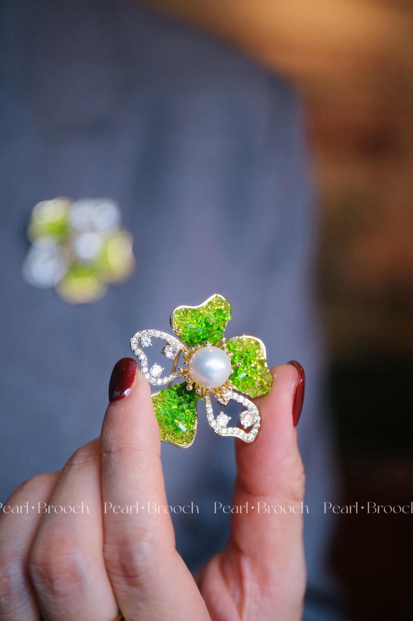 Spring in Winter Floral Brooch | Gradient Green Crystal & 10-11mm Natural Edison Pearl