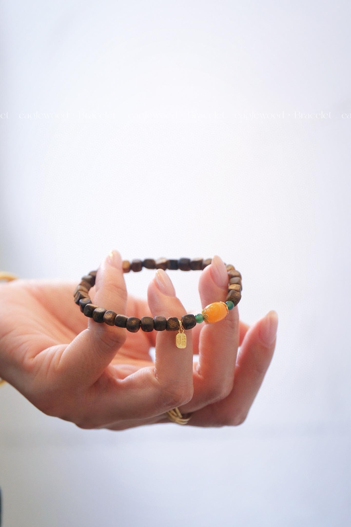 Elegant Agarwood Bracelet | Natural Hainan Agarwood & Beeswax Jade Accent