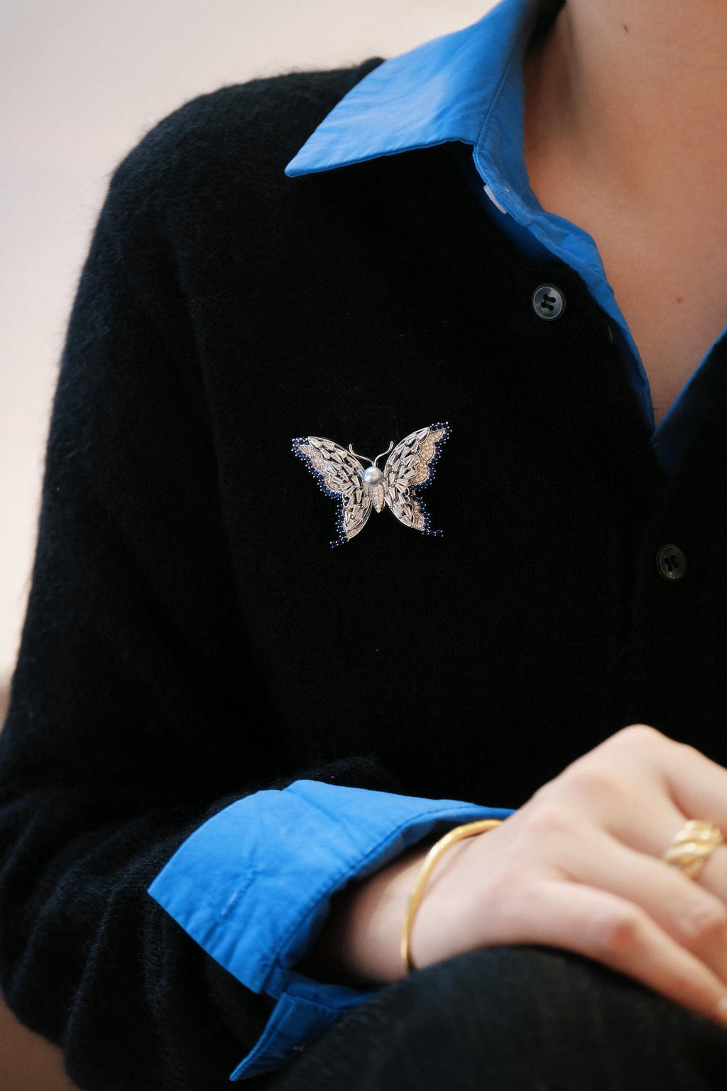 Luminous Butterfly Brooch | 6-6.5mm Japanese Akoya Pearl, Sparkling Pavé Butterfly Jewelry