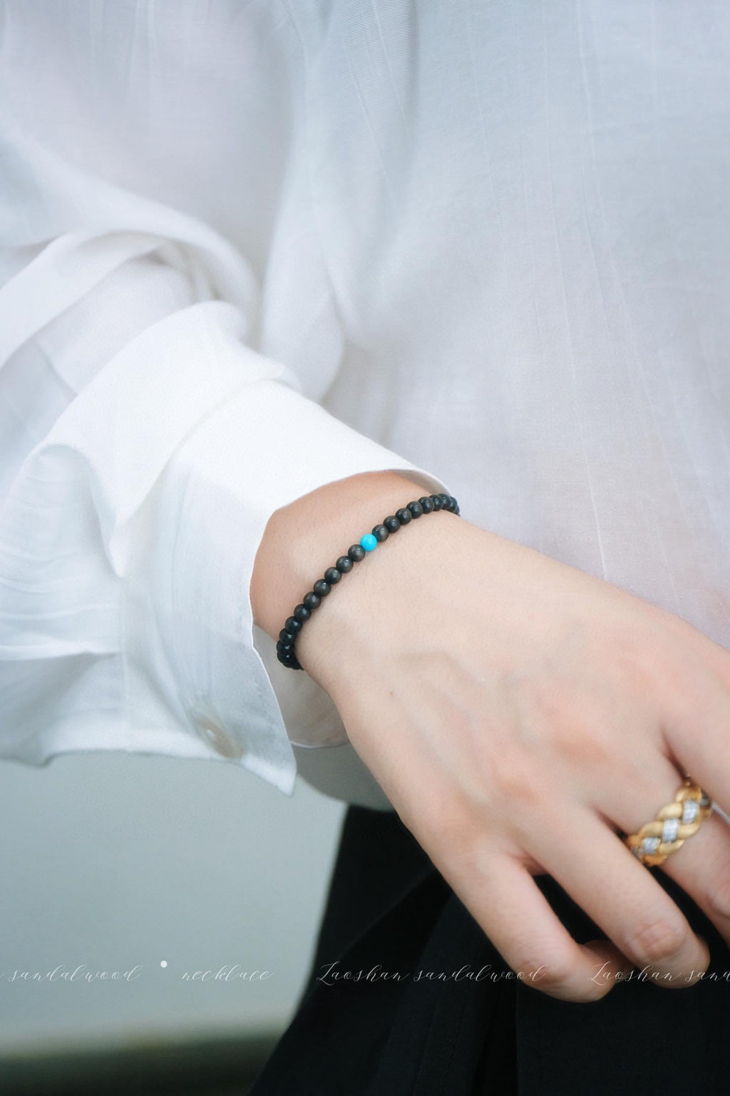 Indian Red Sandalwood Bracelet | 4mm Turquoise Accent (Light/Dark)