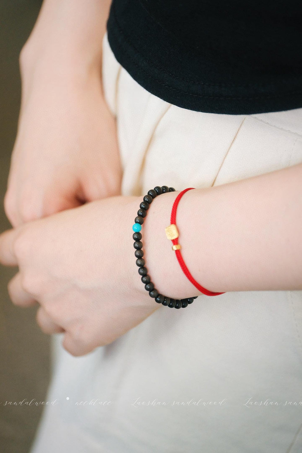 Indian Red Sandalwood Bracelet | 4mm Turquoise Accent (Light/Dark)