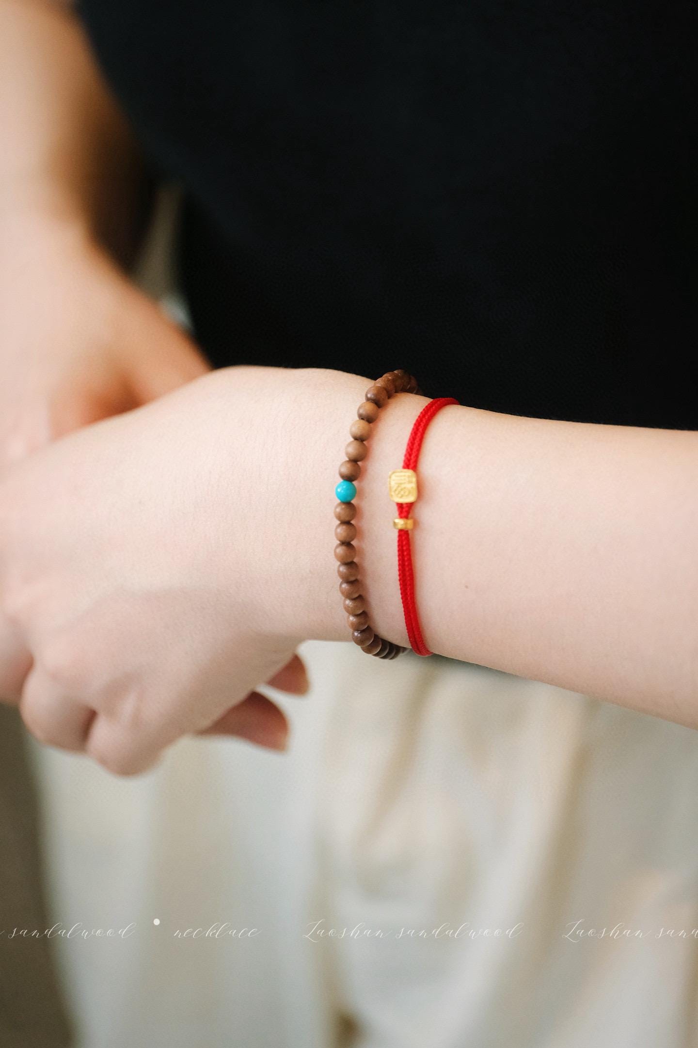 Indian Red Sandalwood Bracelet | 4mm Turquoise Accent (Light/Dark)