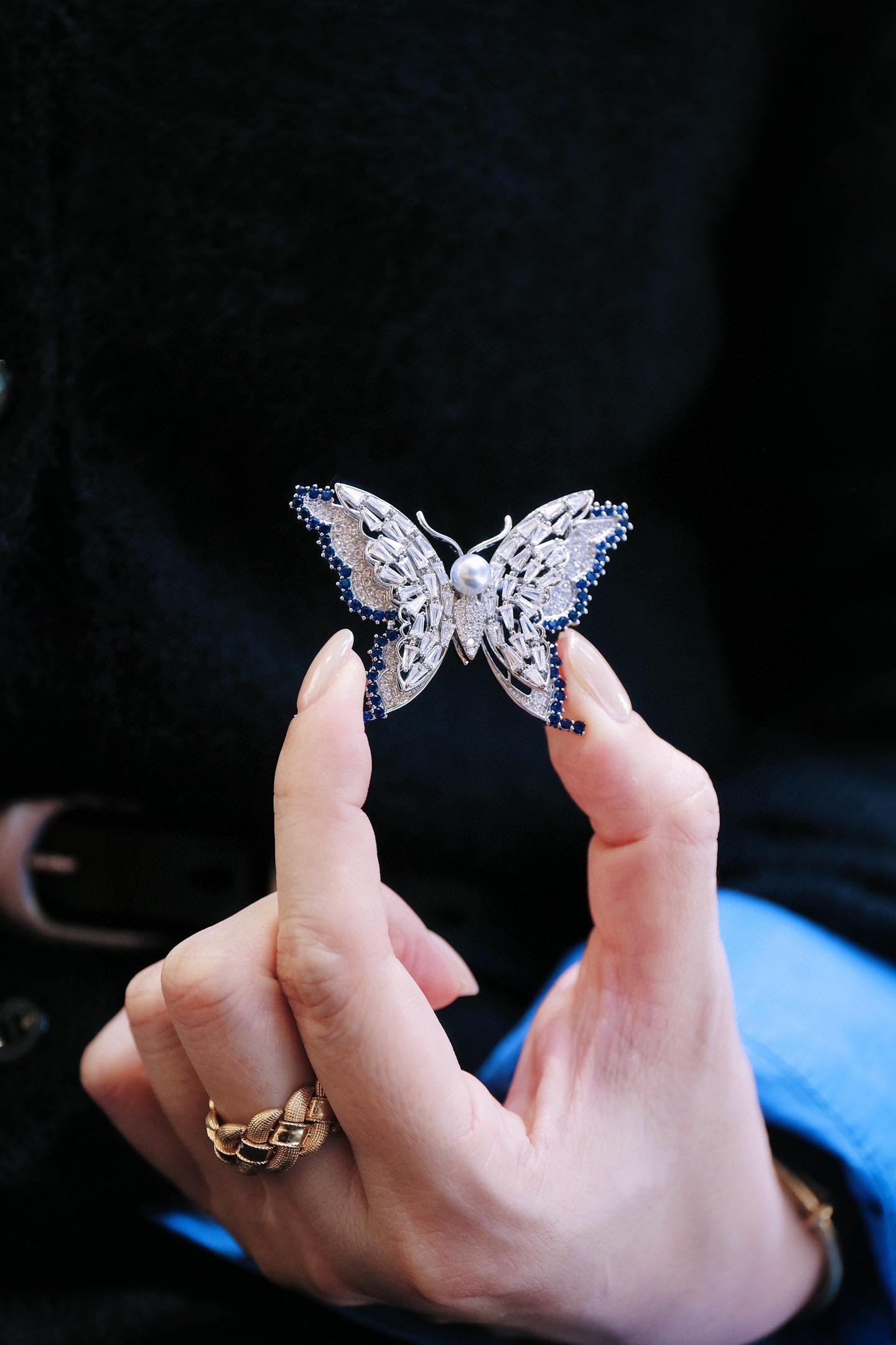 Luminous Butterfly Brooch | 6-6.5mm Japanese Akoya Pearl, Sparkling Pavé Butterfly Jewelry