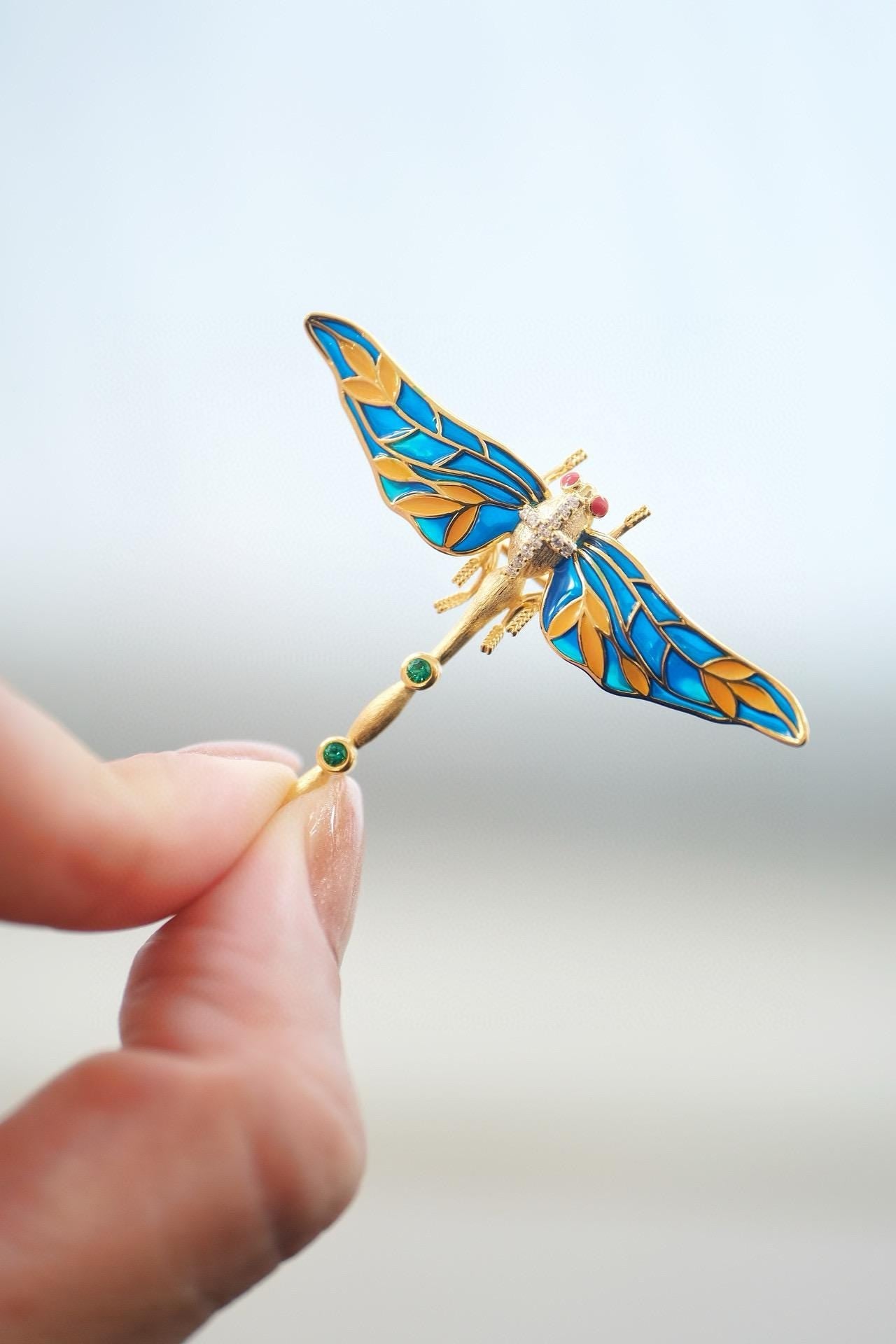 Enamel Dragonfly Brooch | Sterling Silver Gold-Plated, Vibrant Enamel Art