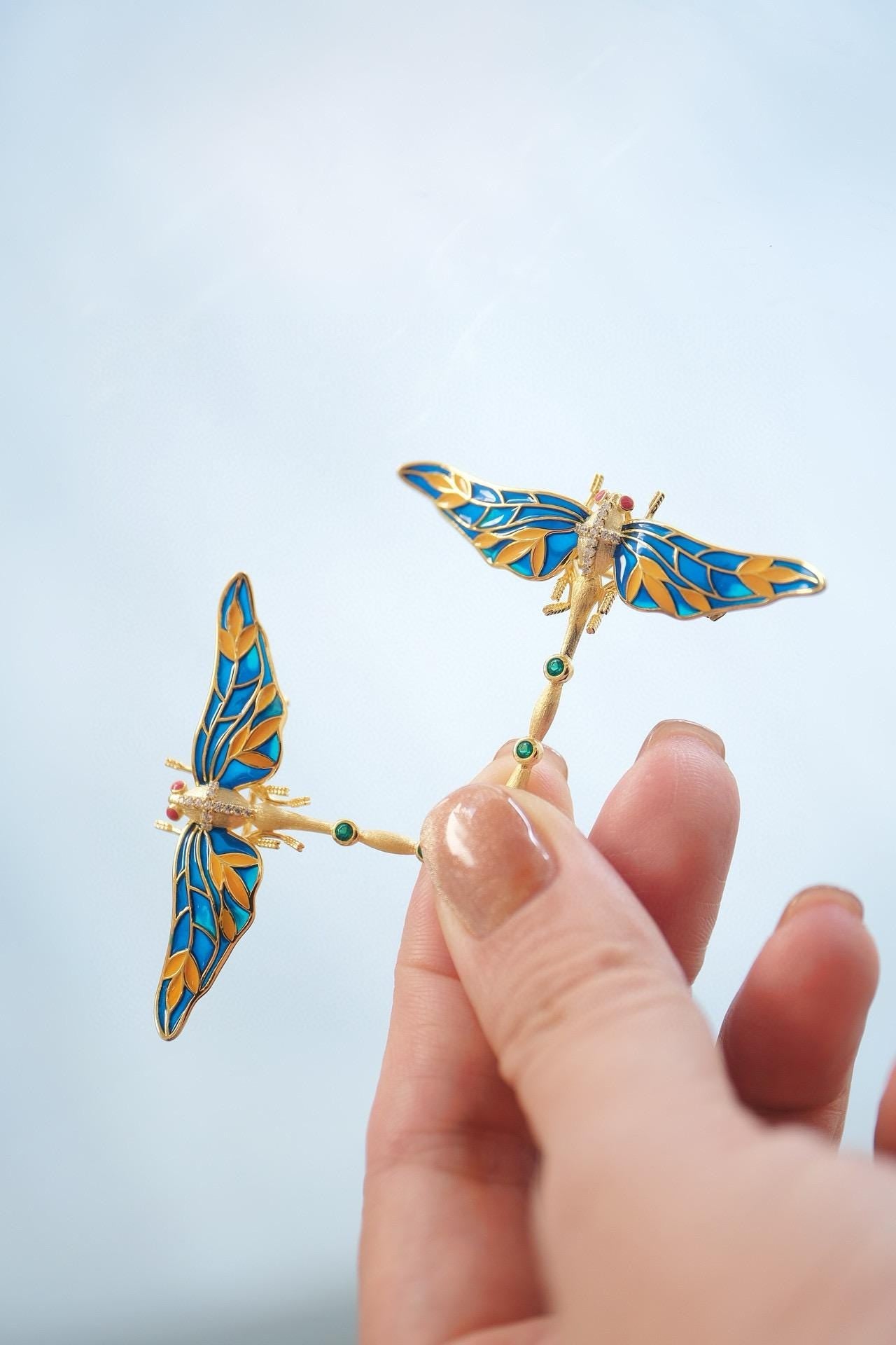 Enamel Dragonfly Brooch | Sterling Silver Gold-Plated, Vibrant Enamel Art