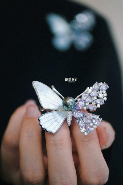 Lucky Butterfly Brooch | Tahitian Saltwater Pearl, Crystal & Mother-of-Pearl - 8-9mm Pearl Jewelry