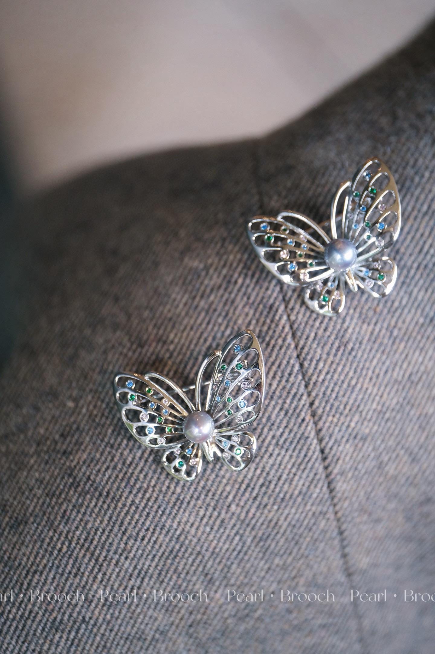 Vintage Inspired Butterfly Brooch - Japanese Akoya Ginjo Silver Gray Pearl