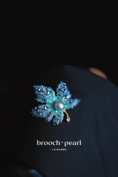 Autumn Keepsake Maple Leaf Brooch | Gradient Blue Zircon & 10-11mm Tahitian Saltwater Pearl