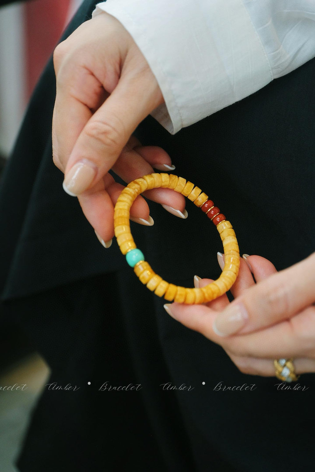 Vintage White Beeswax Bracelet | Turquoise & Red Agate Accent