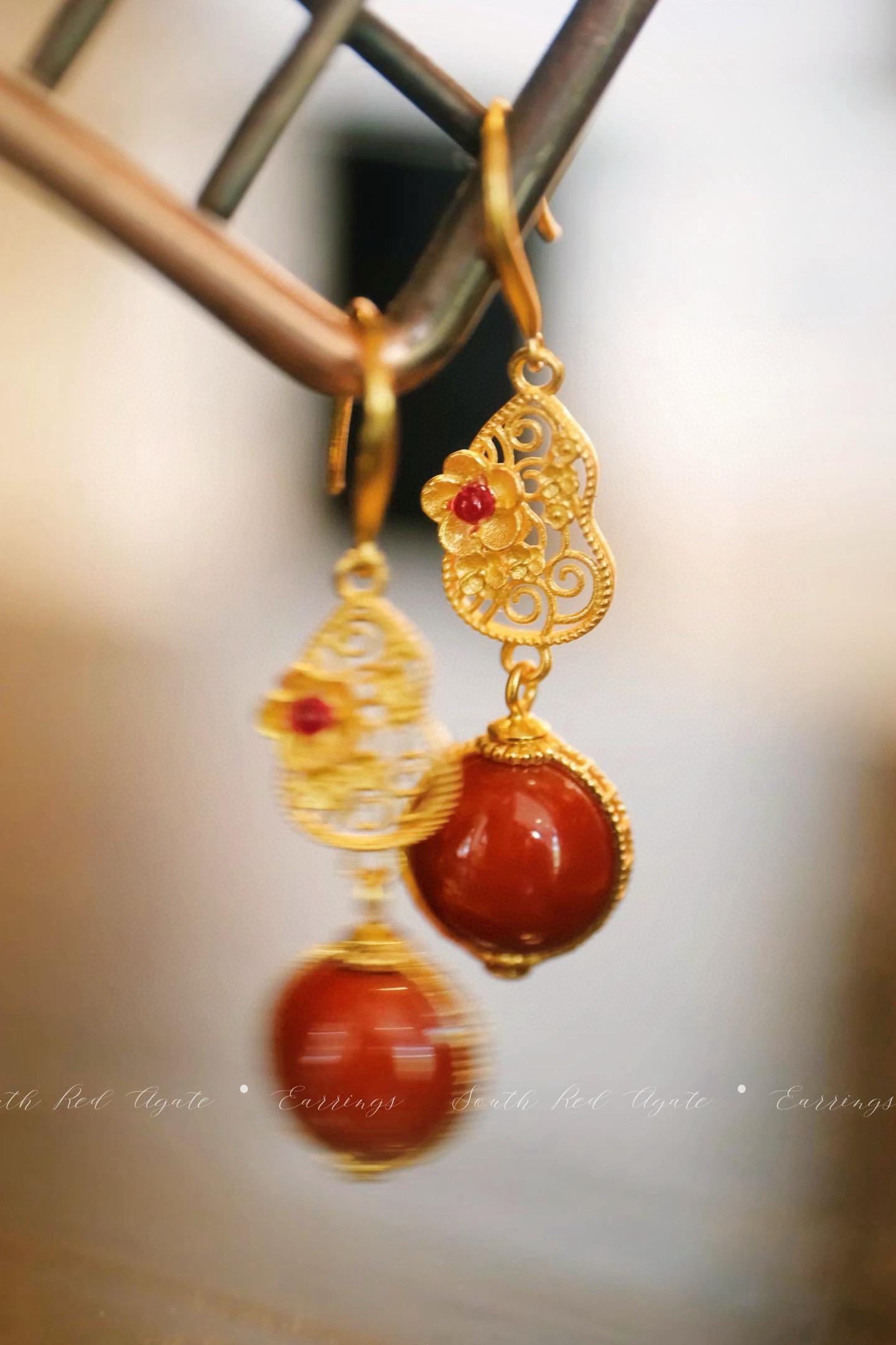 Vintage Chinese Red Hulu Earrings | 10mm Red Agate Silver Gold-Plated
