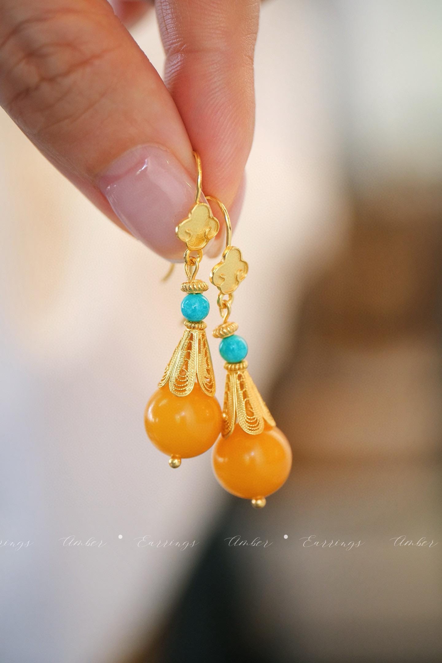 Amber & Turquoise Earrings | 11mm Natural Amber