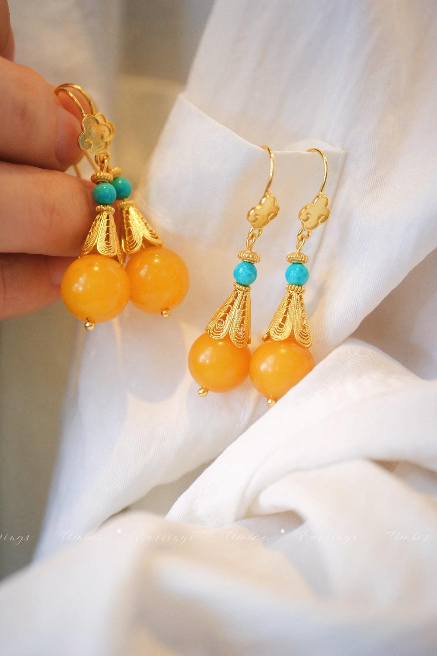 Amber & Turquoise Earrings | 11mm Natural Amber