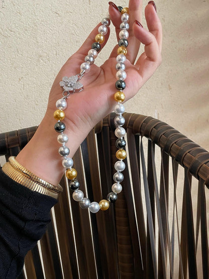Maillard Color Pearl Necklace | 10mm Mixed Pearl S925 Silver Diamond Flower Clasp