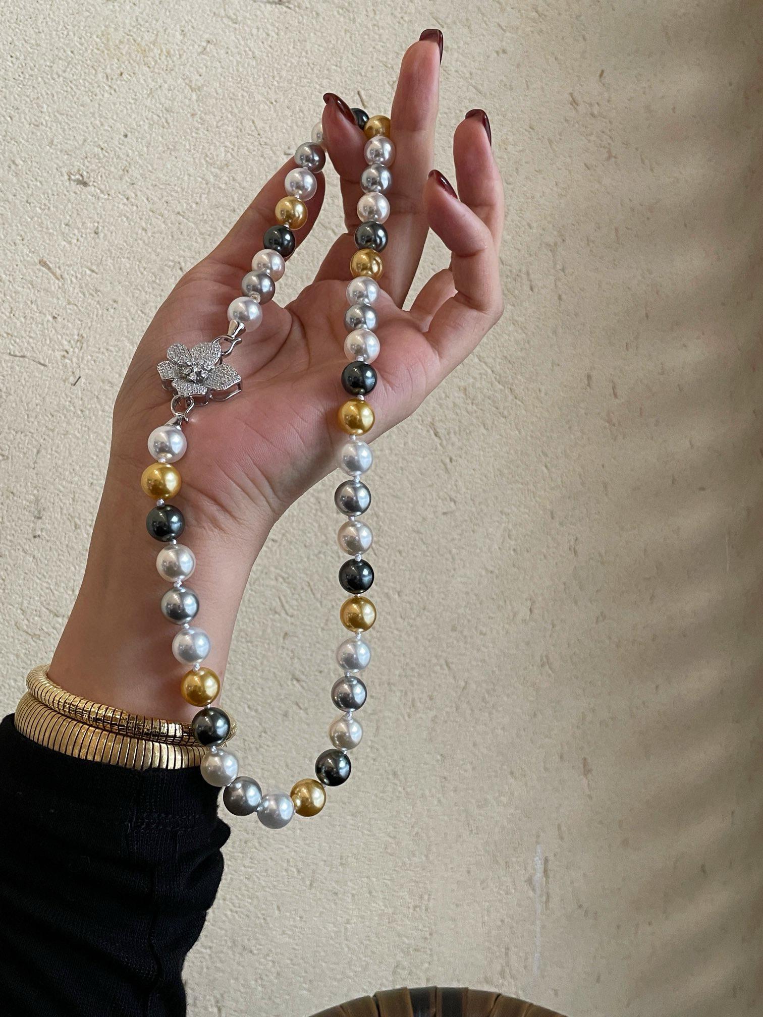 Maillard Color Pearl Necklace | 10mm Mixed Pearl S925 Silver Diamond Flower Clasp