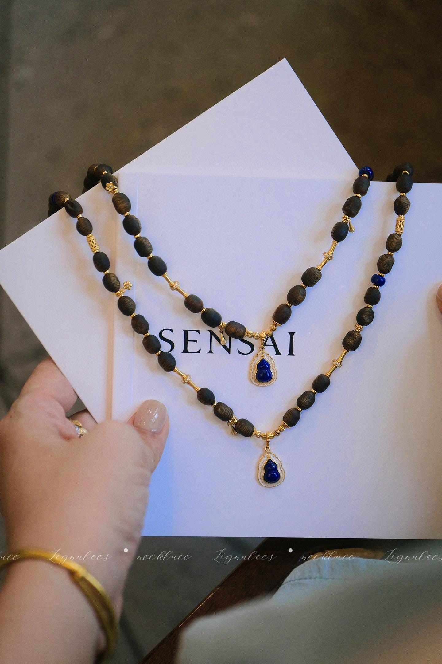 Autumn Story Agarwood Necklace | 5-6mm Green Kynam Scarwood Lapis Lazuli S925 Gold-Plated