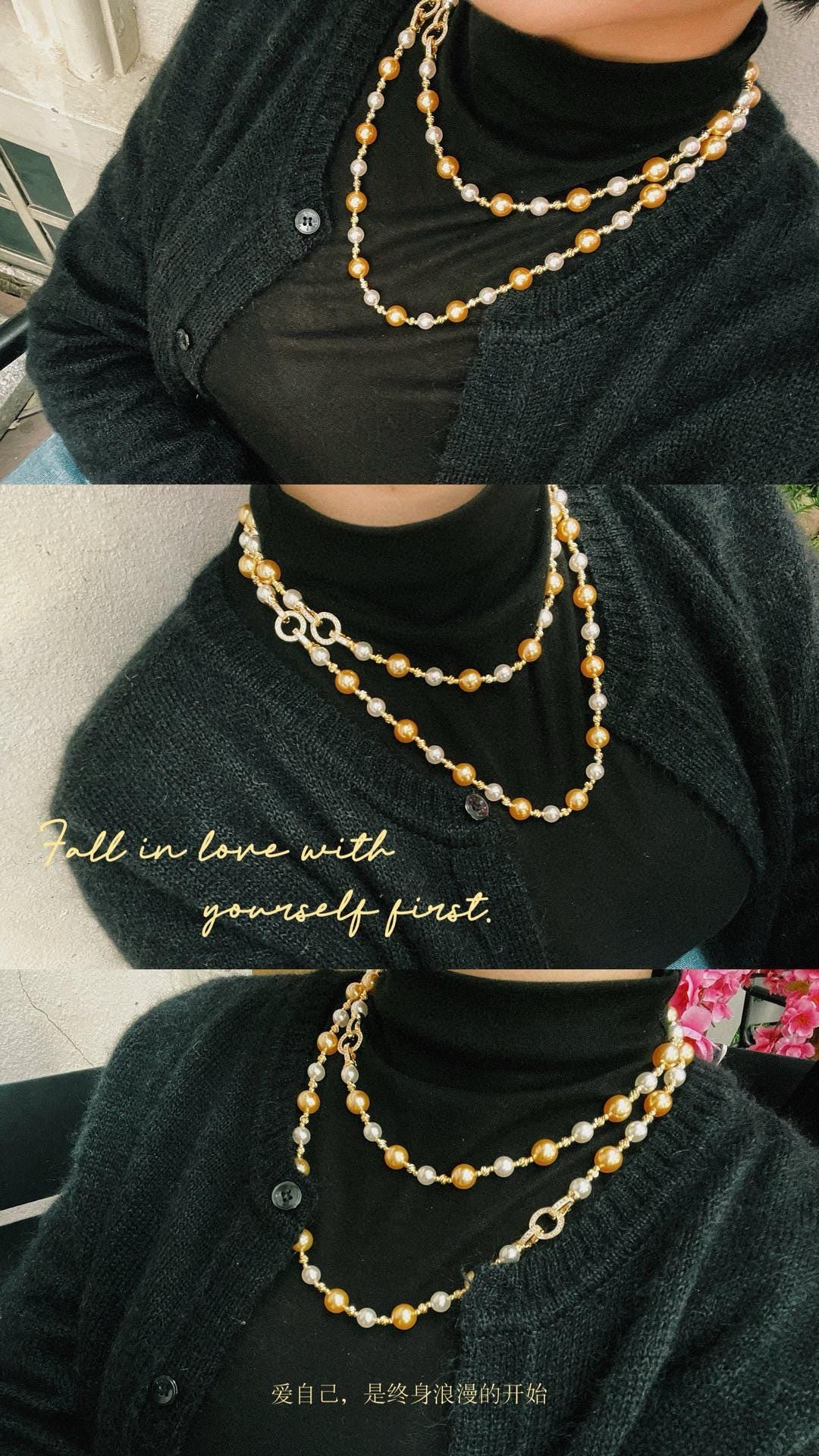 Tahitian Mixed Color Pearl Necklace | 8mm Ginpo & 10mm Black Diamond Double-Ring Clasp