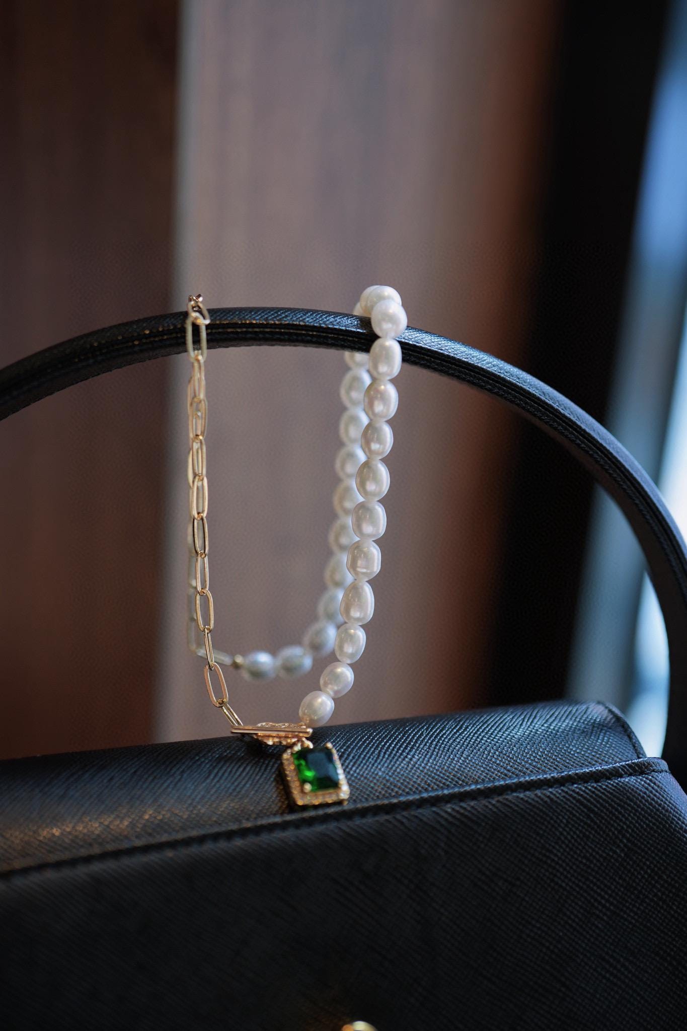 Pearl Chain Necklace | Emerald Zircon Pendant, 45cm