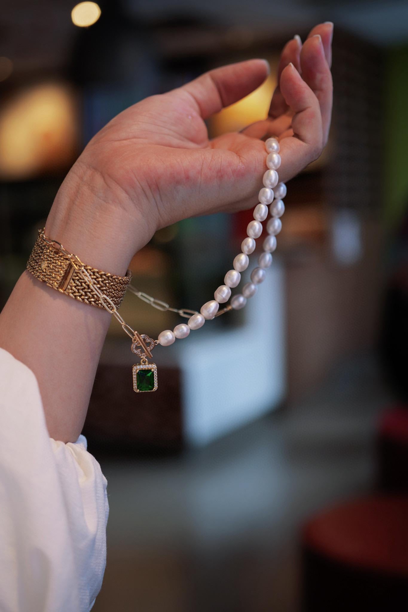 Pearl Chain Necklace | Emerald Zircon Pendant, 45cm