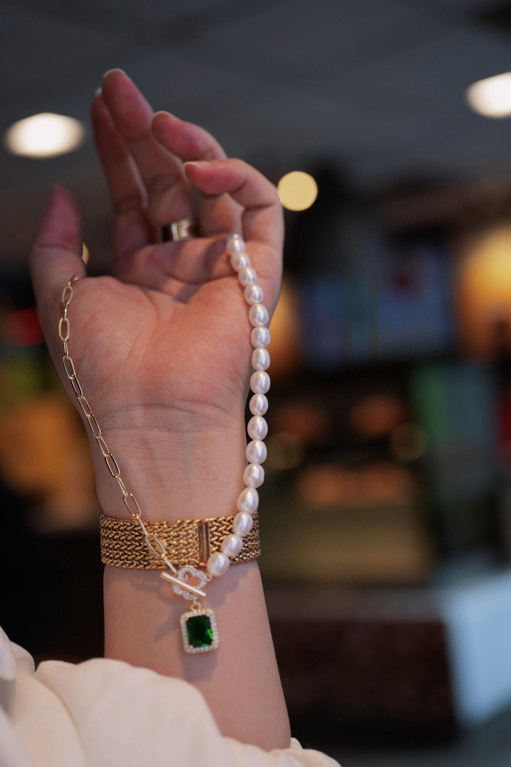 Pearl Chain Necklace | Emerald Zircon Pendant, 45cm