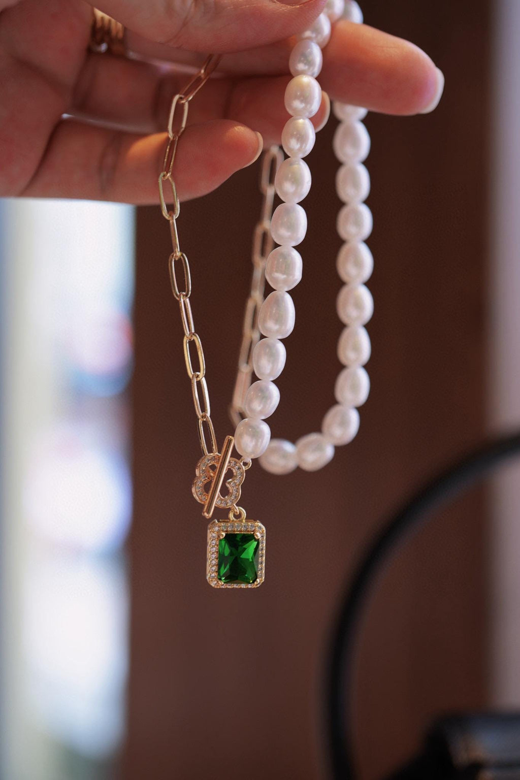 Pearl Chain Necklace | Emerald Zircon Pendant, 45cm