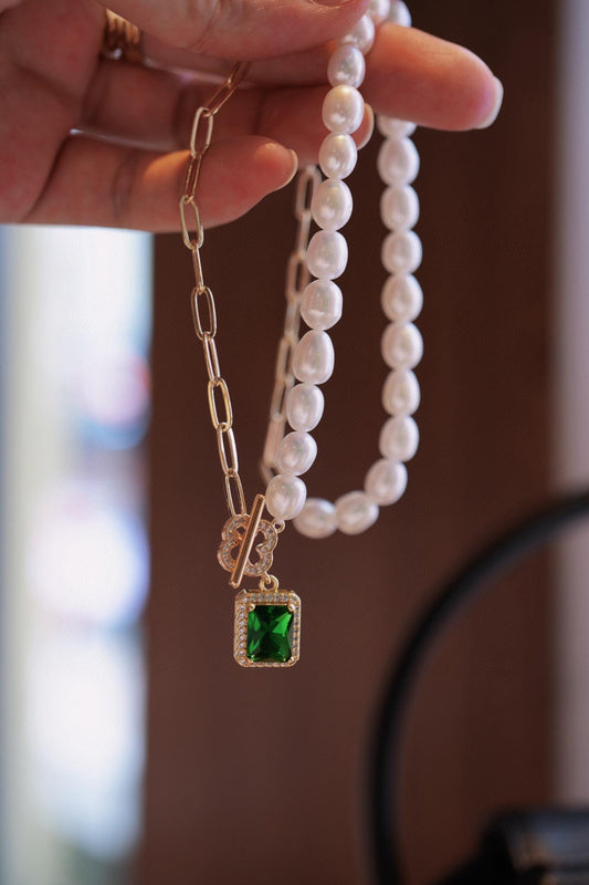 Pearl Chain Necklace | Emerald Zircon Pendant, 45cm