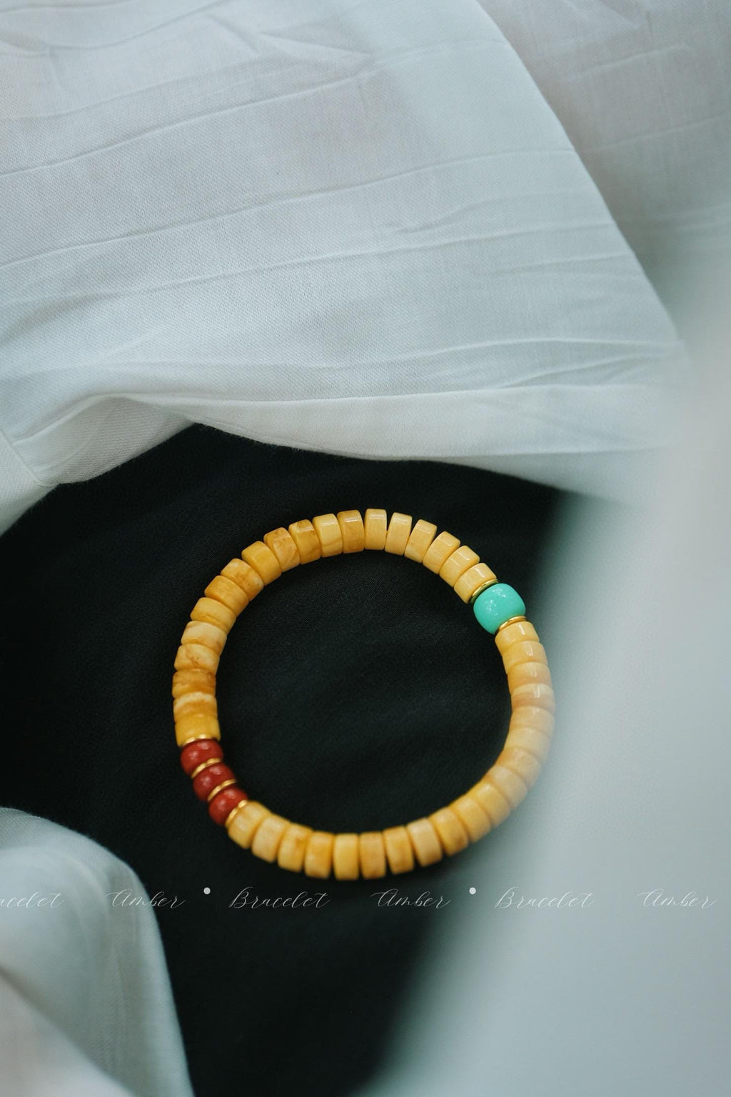Vintage White Beeswax Bracelet | Turquoise & Red Agate Accent