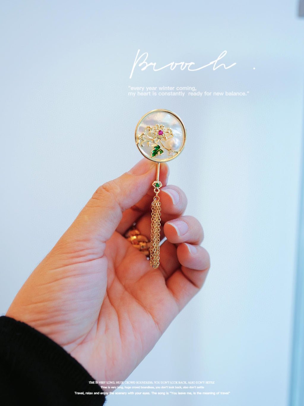 Chrysanthemum Oriental Brooch | 6-7mm Natural Round Pearl, Gold-Plated Copper & Mother-of-Pearl